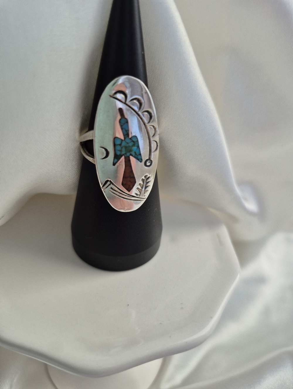 Sterling Silver Turquoise Inlay Thunderbird Ring - Picture 3 of 9